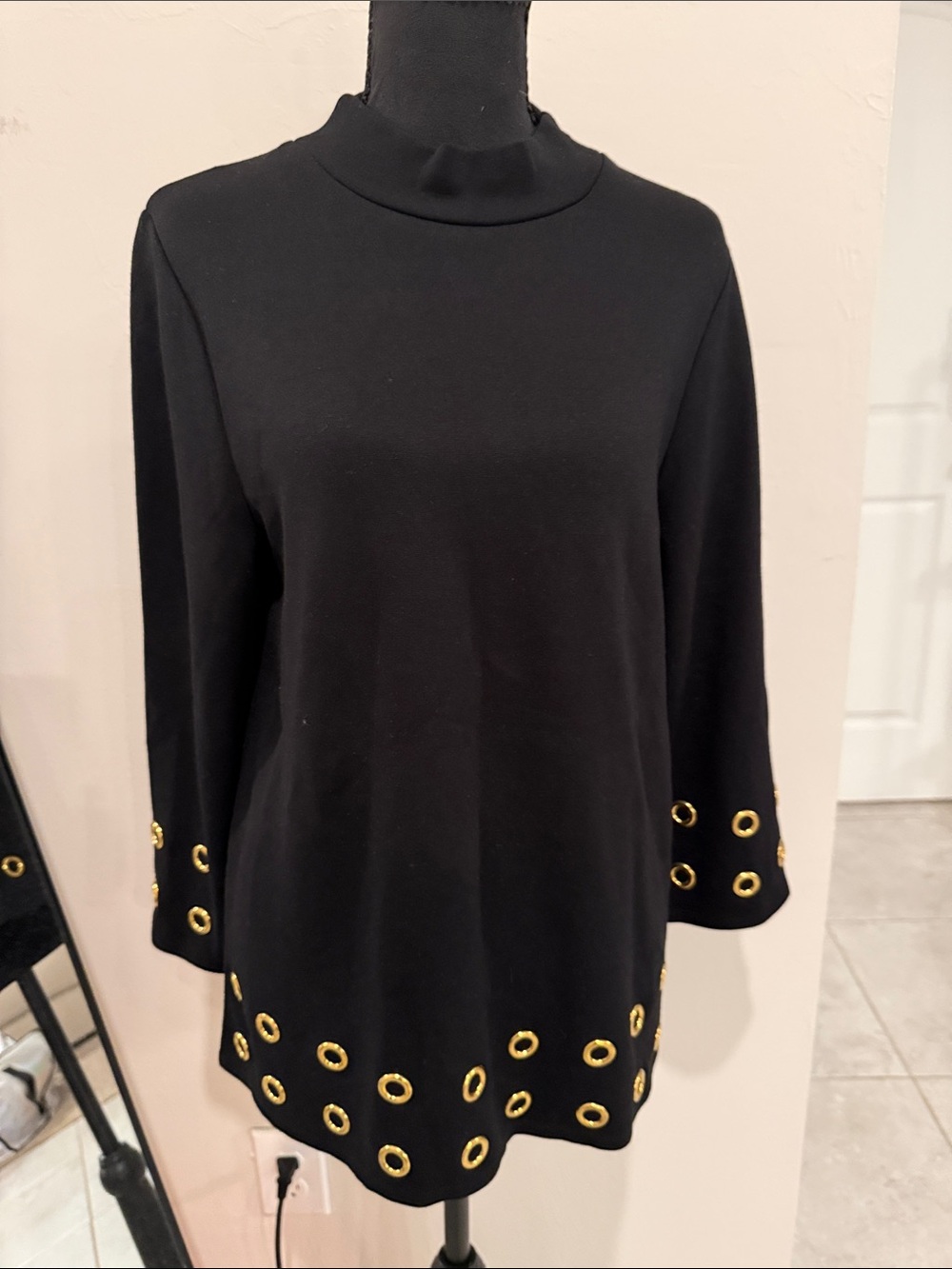 Chico's Black Mock Neck Tunic with Gold Eyelet Trim